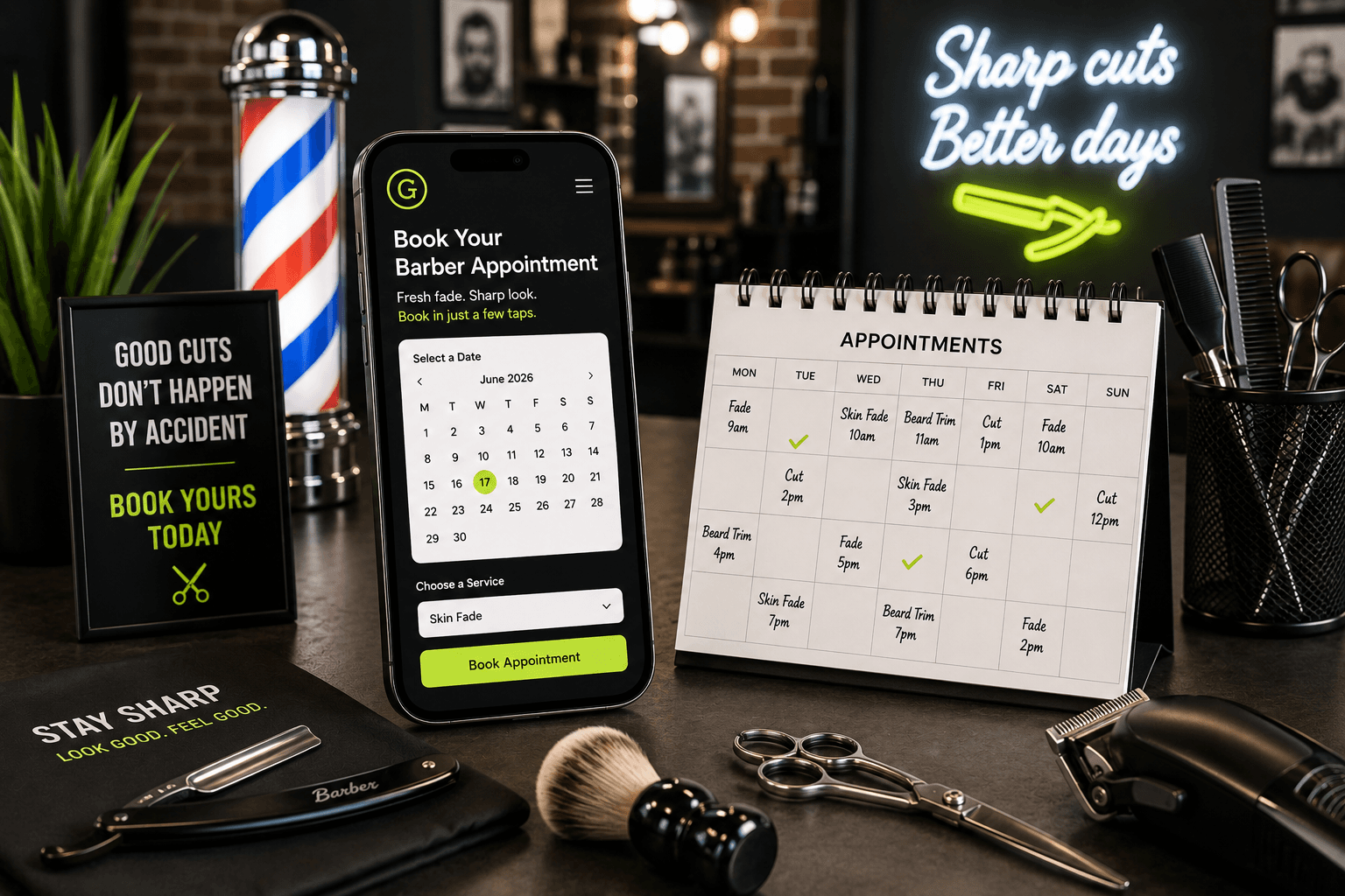 How to get more barber clients – minimal illustration of barber scissors, clippers, smartphone with online bookings and appointment calendar