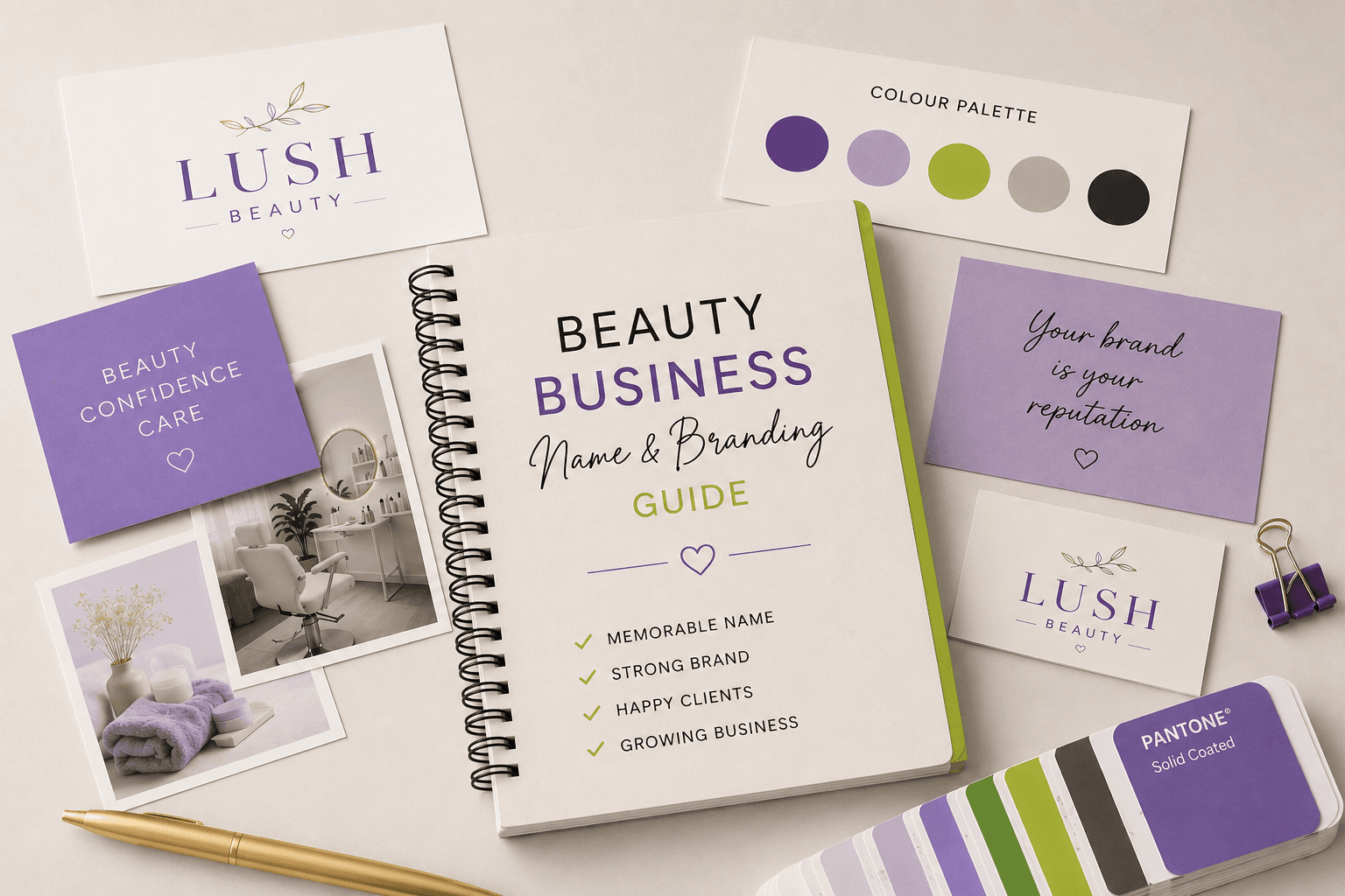 Beauty business name ideas and branding guide – minimal illustration of a beauty salon logo, colour palette, business card and brand identity elements
