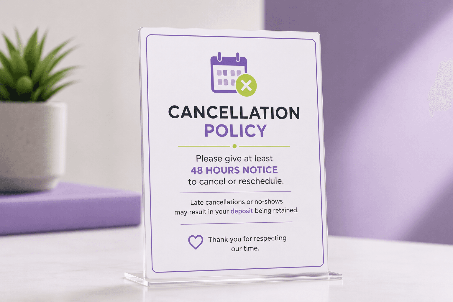 Beauty cancellation policy guide – minimal illustration of a calendar with a cancelled appointment, shield icon and clipboard