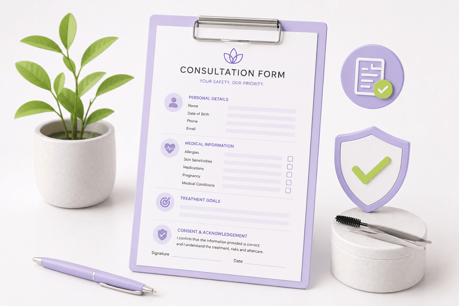 Beauty consultation forms guide – digital consultation form on a clipboard with beauty tools and client records