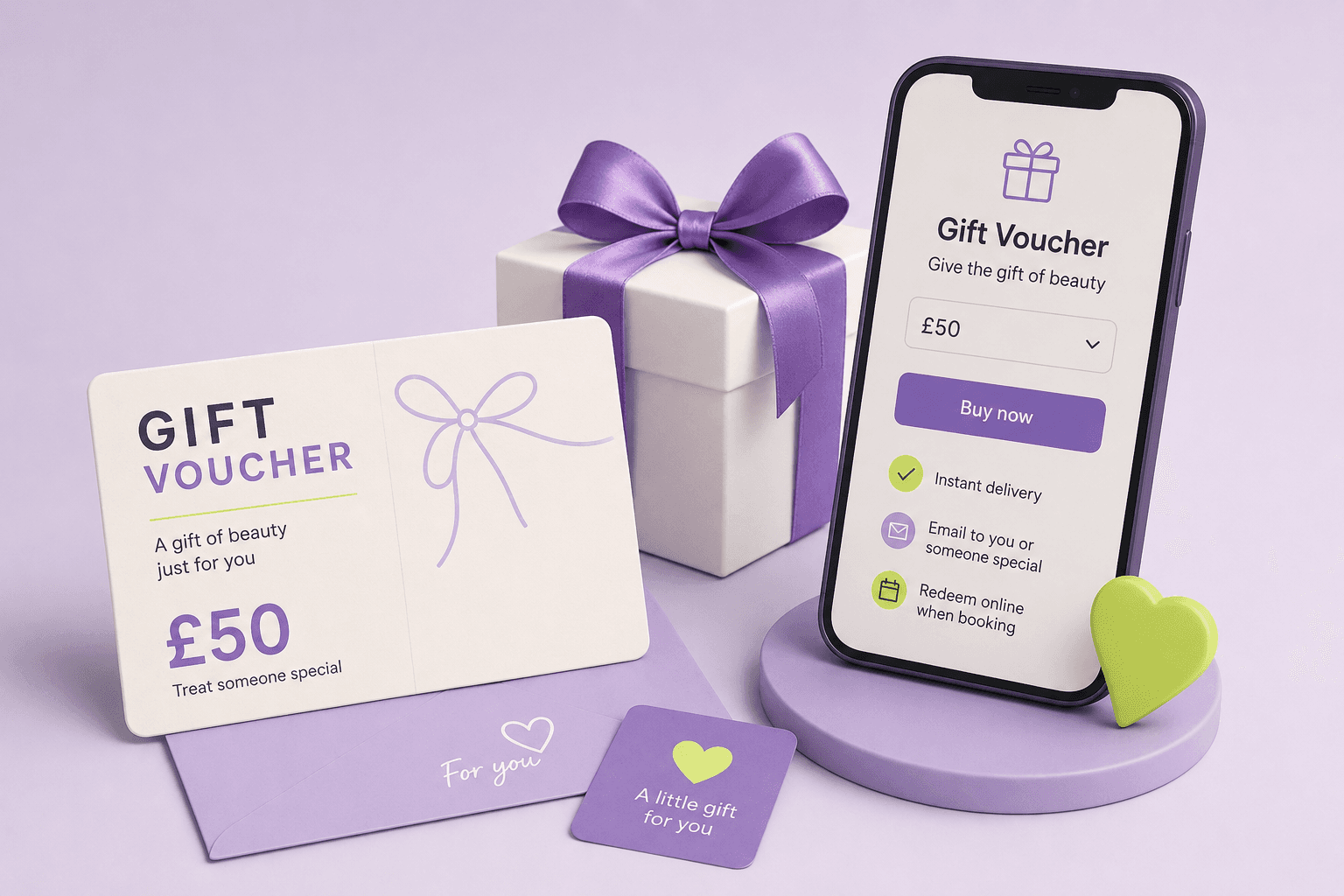 Beauty gift vouchers guide – minimal illustration of a gift voucher, ribbon, smartphone showing a voucher purchase and a gift box