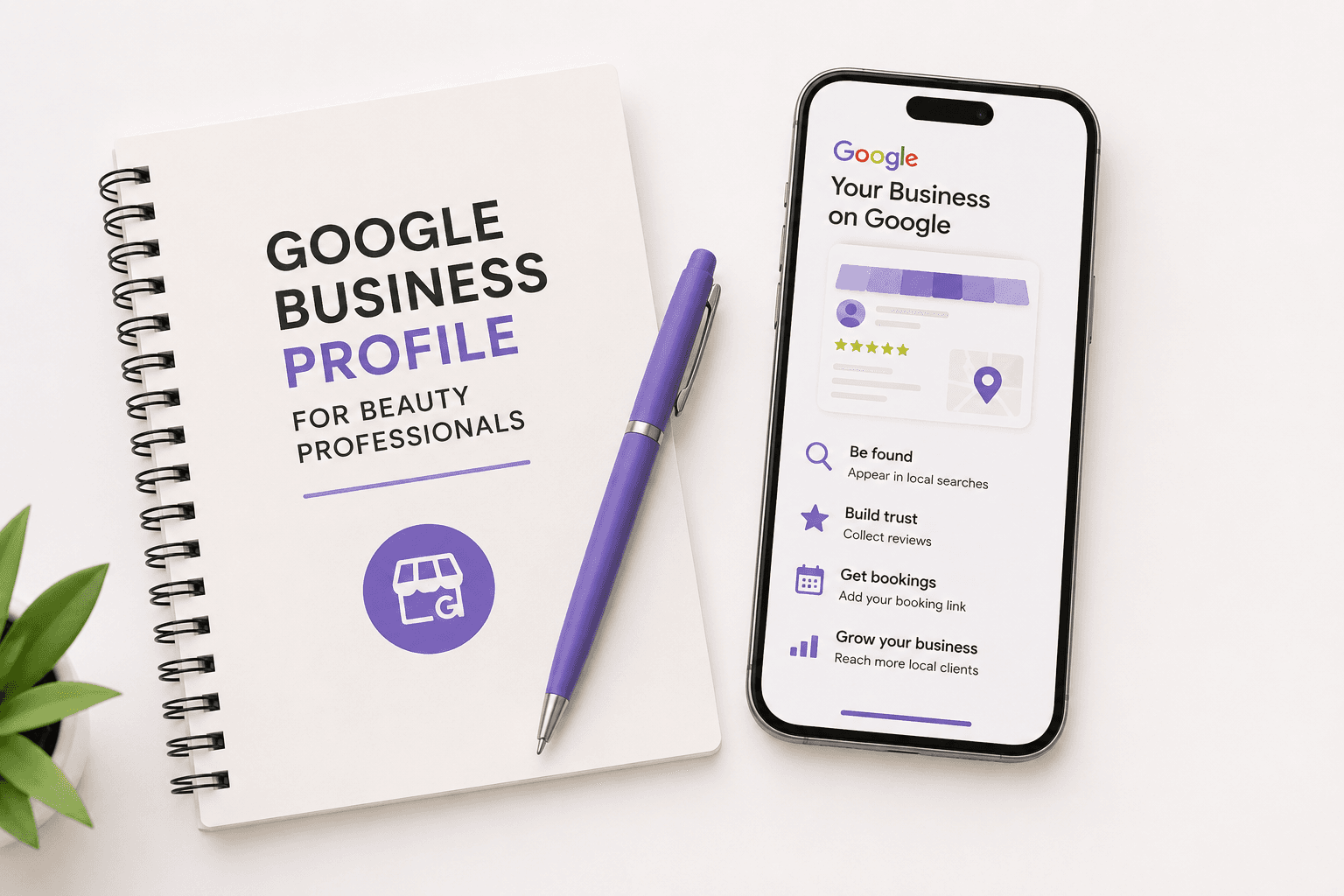Google Business Profile for beauty professionals – minimal illustration of a smartphone with map pin, five-star reviews and an online booking button