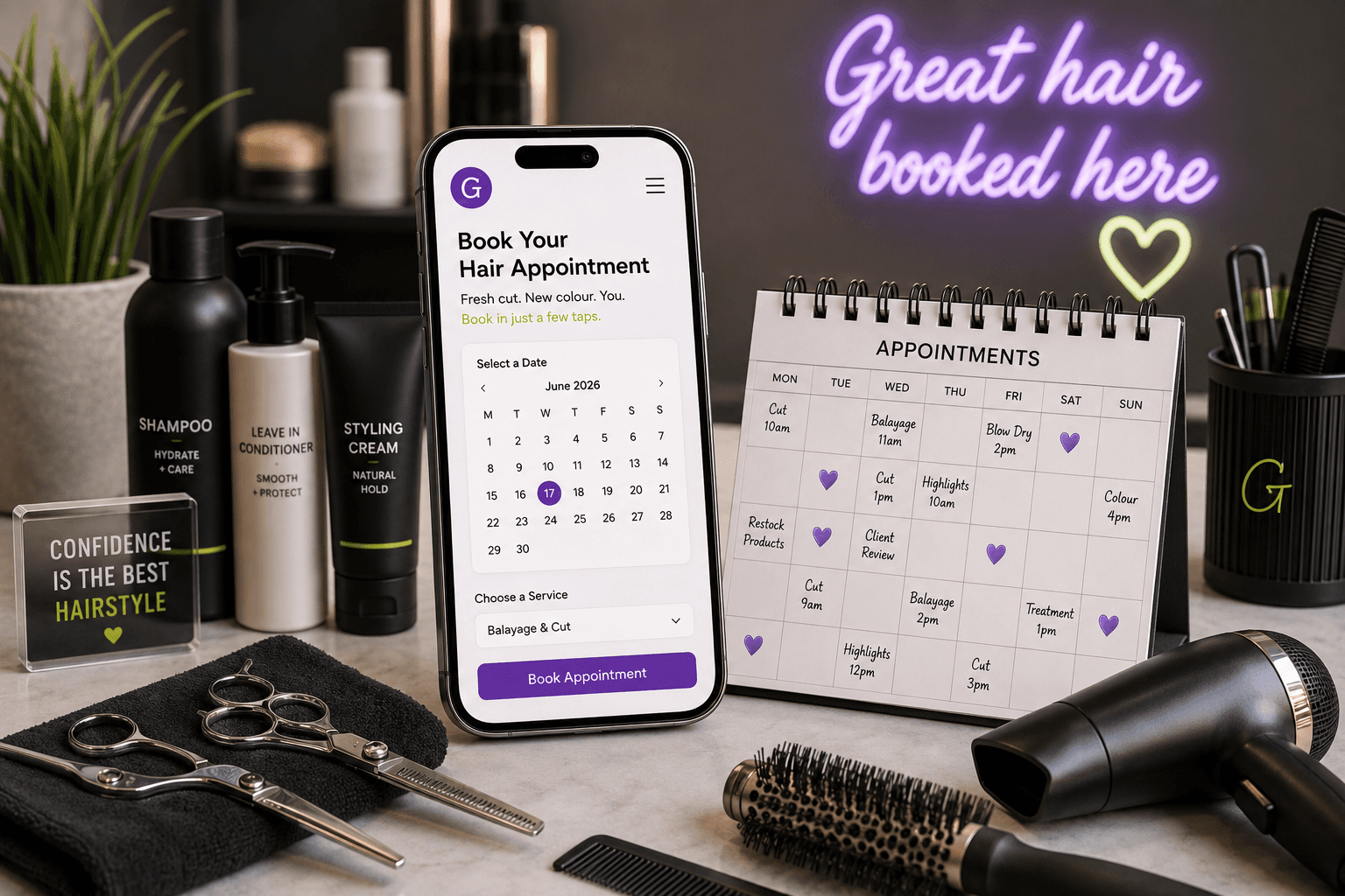 How to get more hair clients – minimal illustration of hairdressing scissors, hairdryer, smartphone with online bookings and appointment calendar