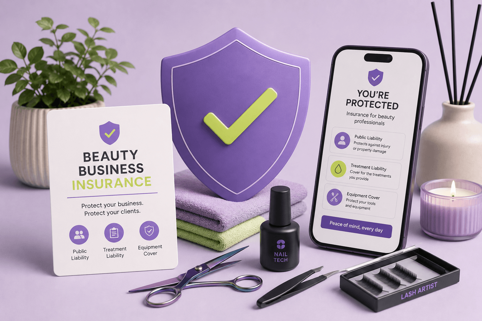 Beauty business insurance guide – minimal illustration of an insurance shield, beauty tools and a smartphone showing a protected booking