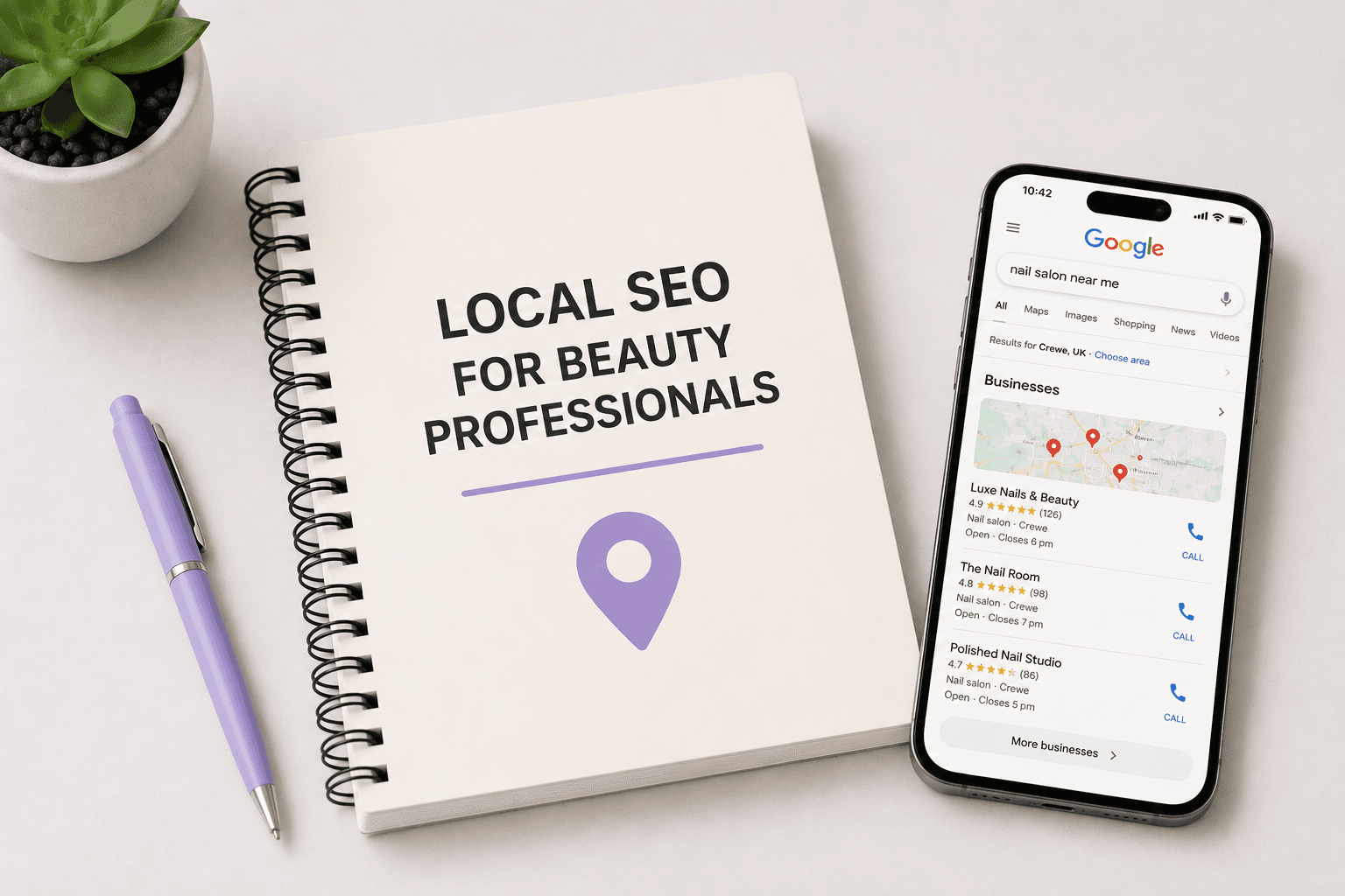Local SEO for beauty professionals – minimal illustration of a map pin, smartphone displaying local search results and a location marker