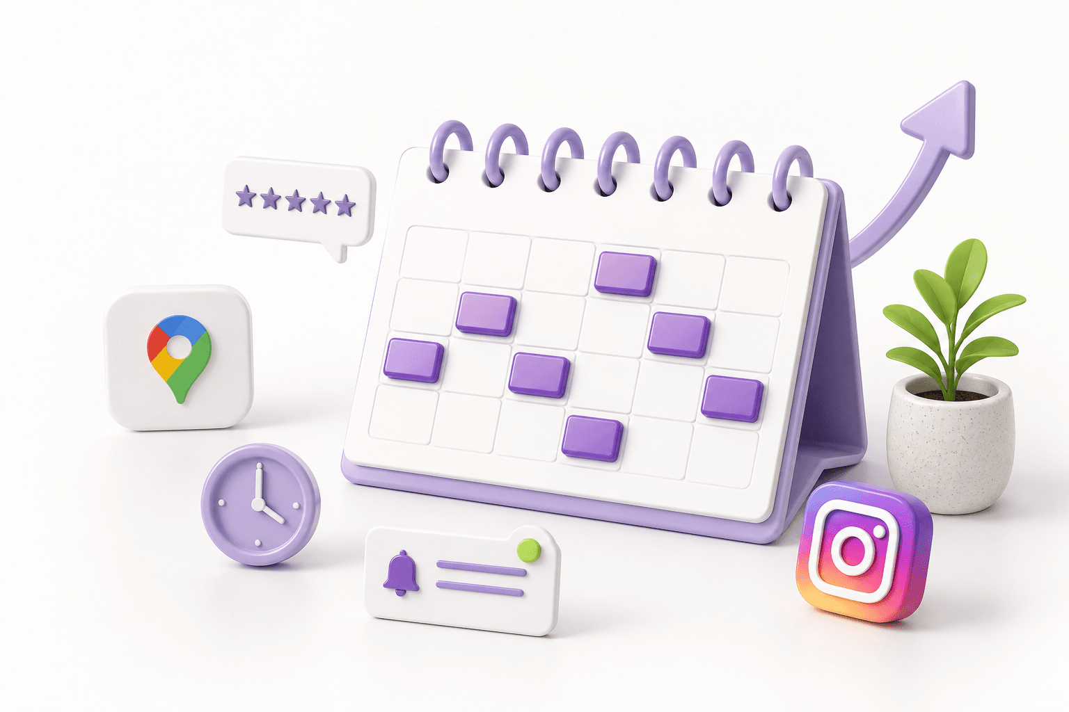How to get more salon bookings – appointment calendar filling with purple booking blocks alongside Google, Instagram and review notifications
