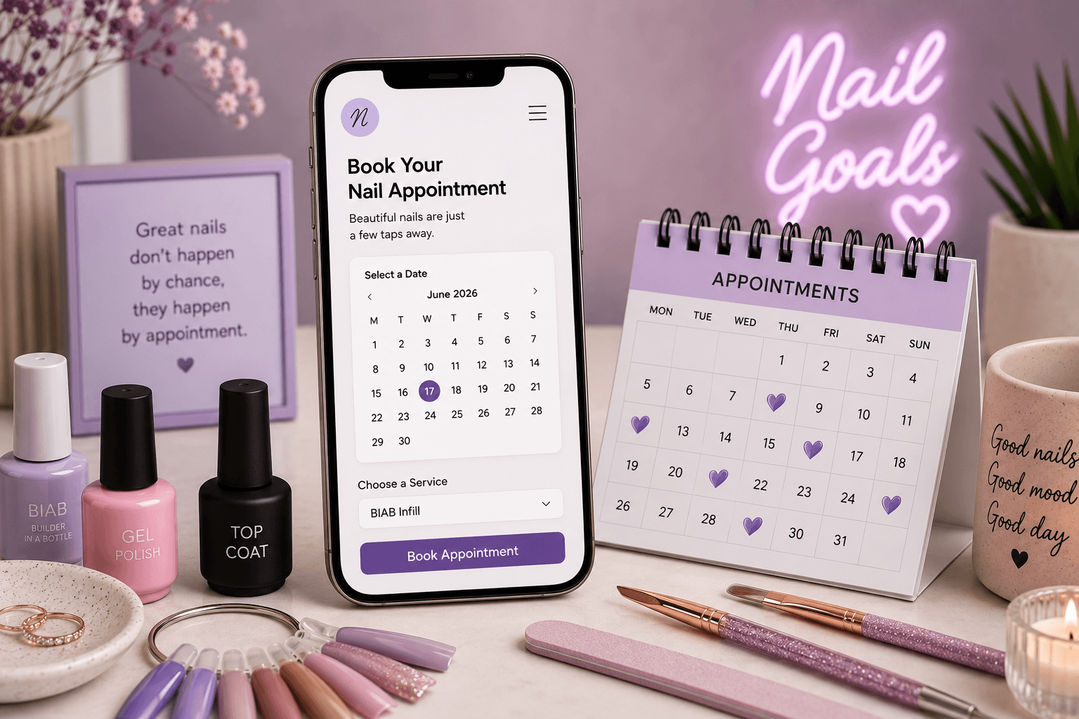 How to get more nail clients – minimal illustration of nail polish bottles, manicure tools, smartphone with online bookings and appointment calendar