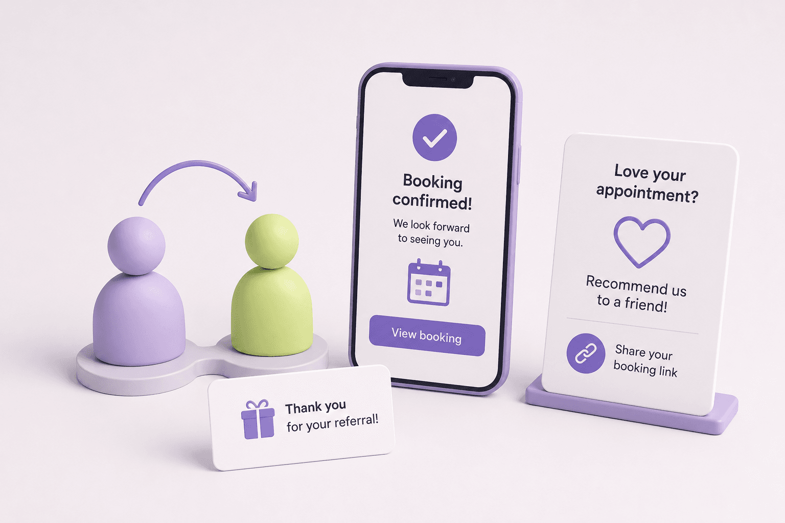 Beauty referral marketing guide – minimal illustration of two clients connected by a referral arrow, gift card and smartphone showing a booking confirmation