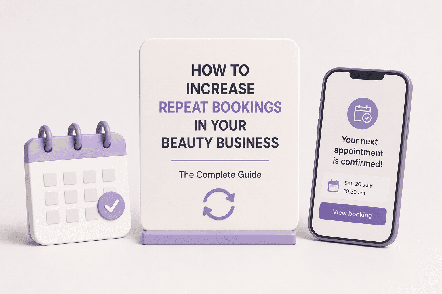 How to increase repeat bookings – minimal illustration of a repeat booking calendar, circular arrows and a smartphone showing the next appointment confirmed