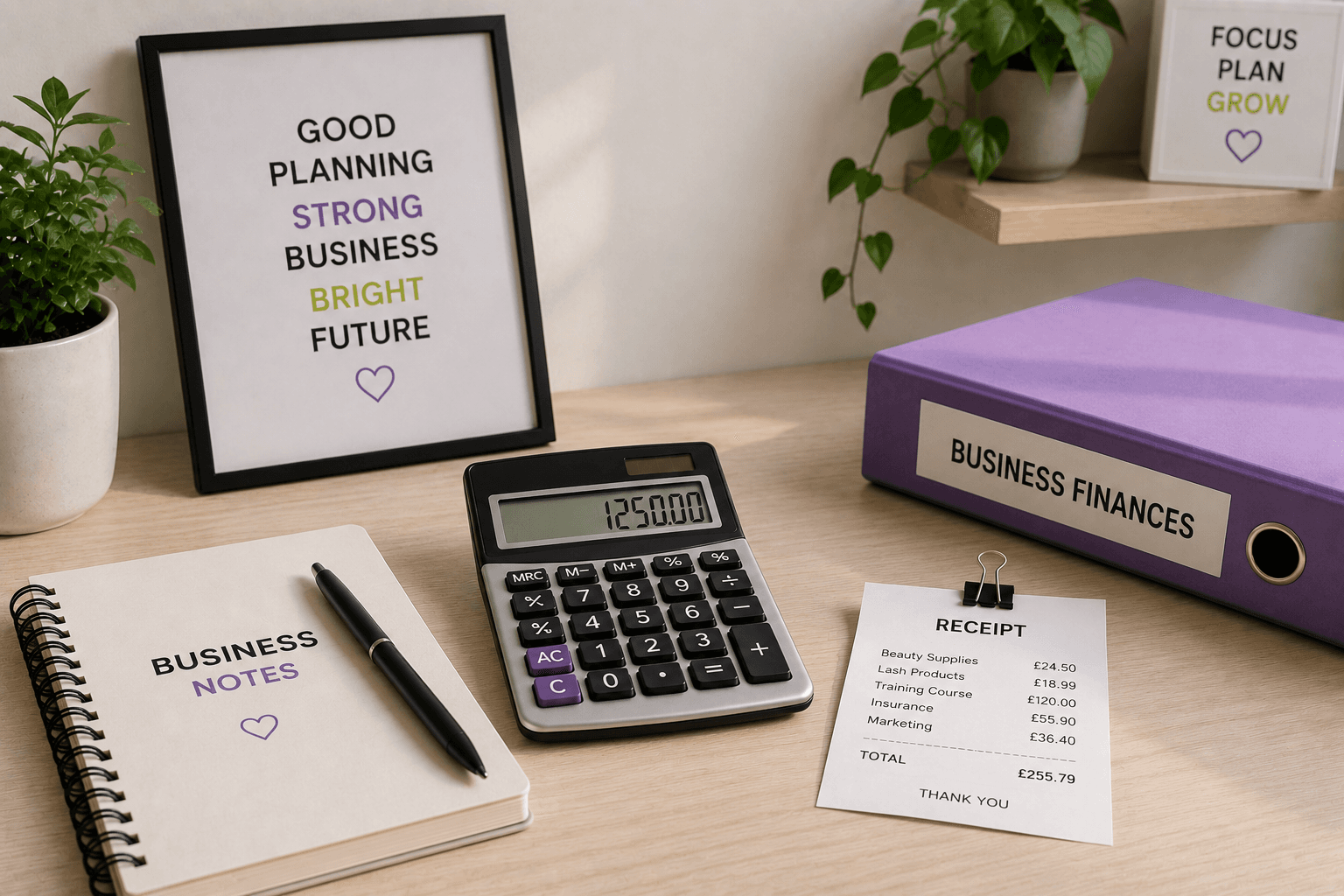 Beauty business tax guide – minimal illustration of a calculator, receipt, notebook and pound symbol