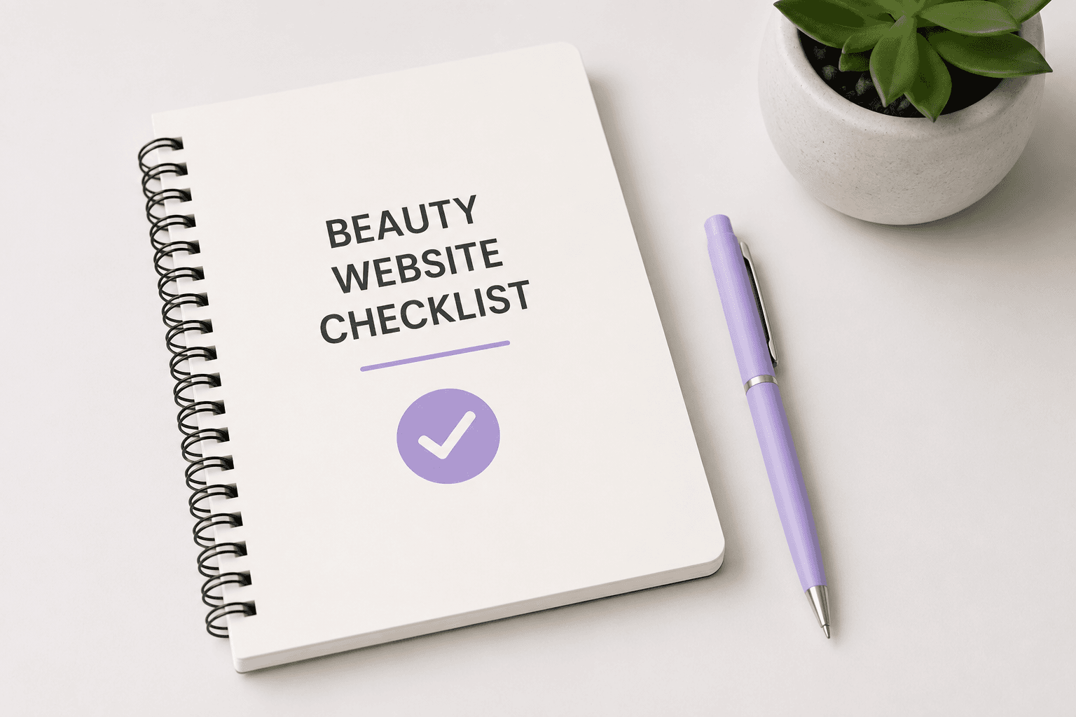 Beauty website checklist – minimal illustration of a laptop displaying a beauty website alongside a smartphone showing an online booking page
