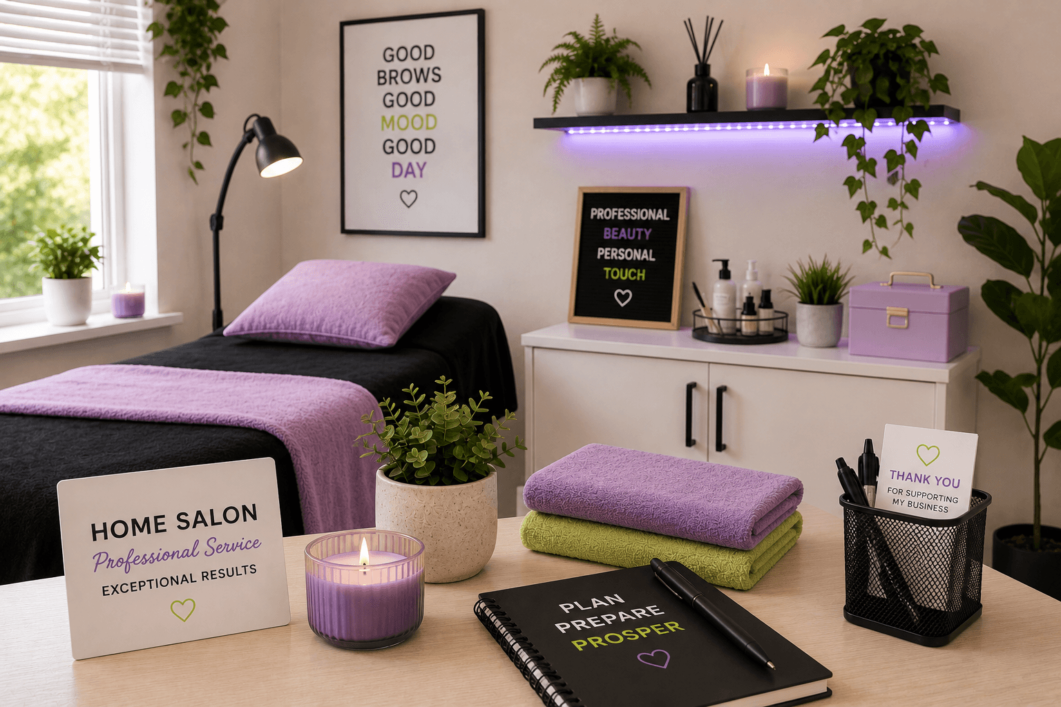 Working from home as a beauty professional – minimal illustration of a home beauty treatment room with a treatment bed, smartphone showing online bookings and a house icon