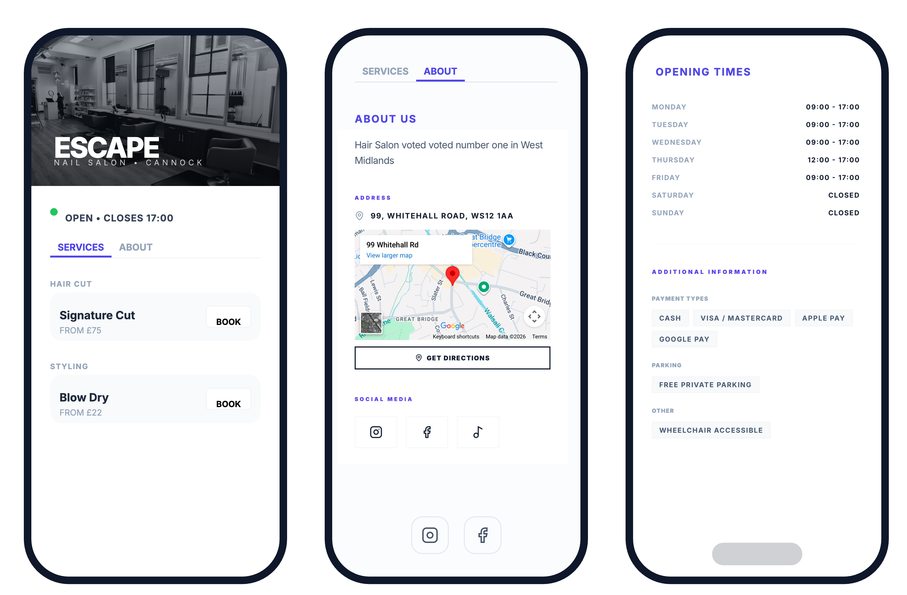 Glamly booking page shown on mobile — services, location and opening hours