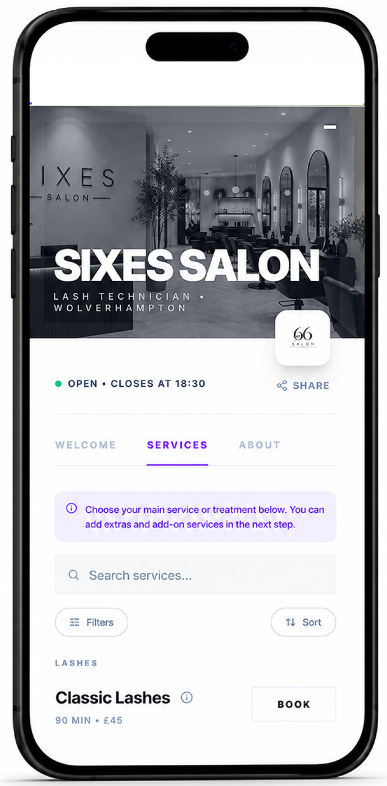 Glamly beauty booking page example showing services and booking flow